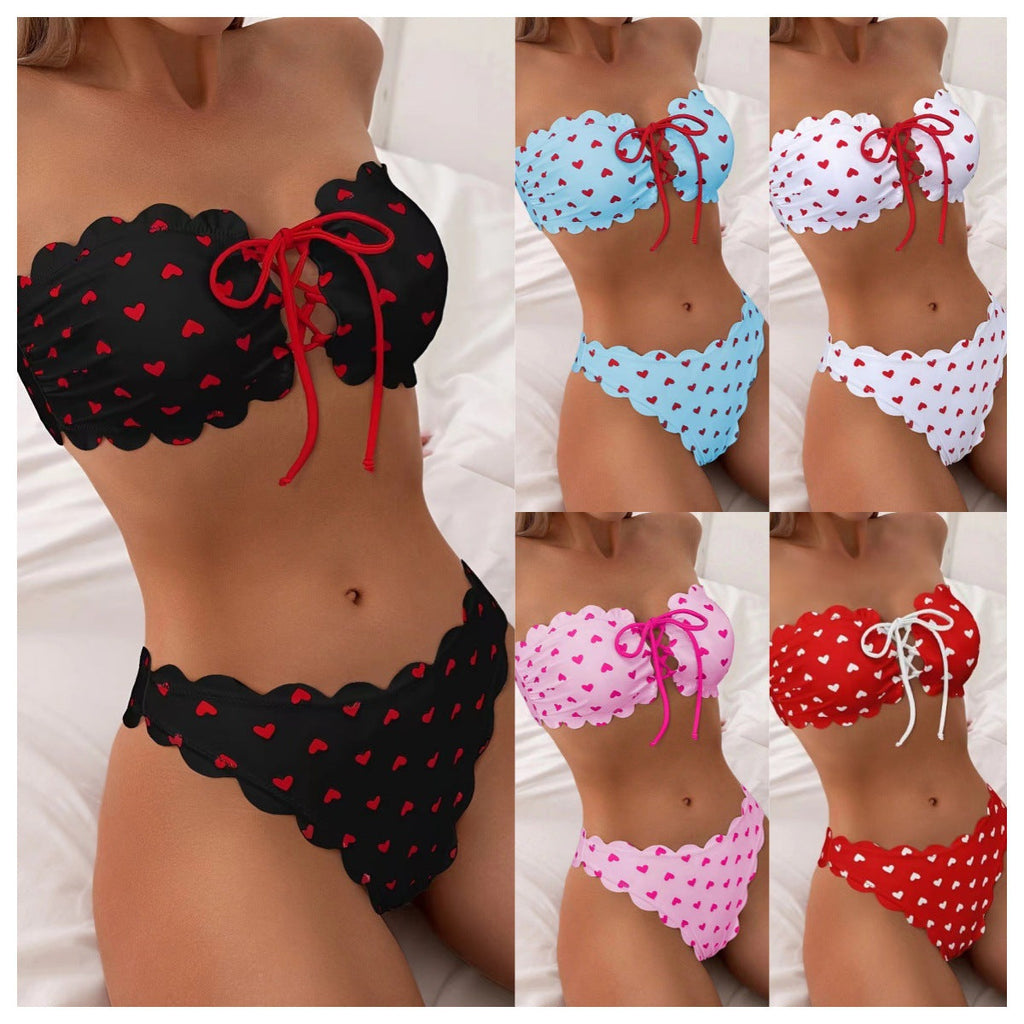 Printed Tube-top Bikini With Tie-up Drawstring