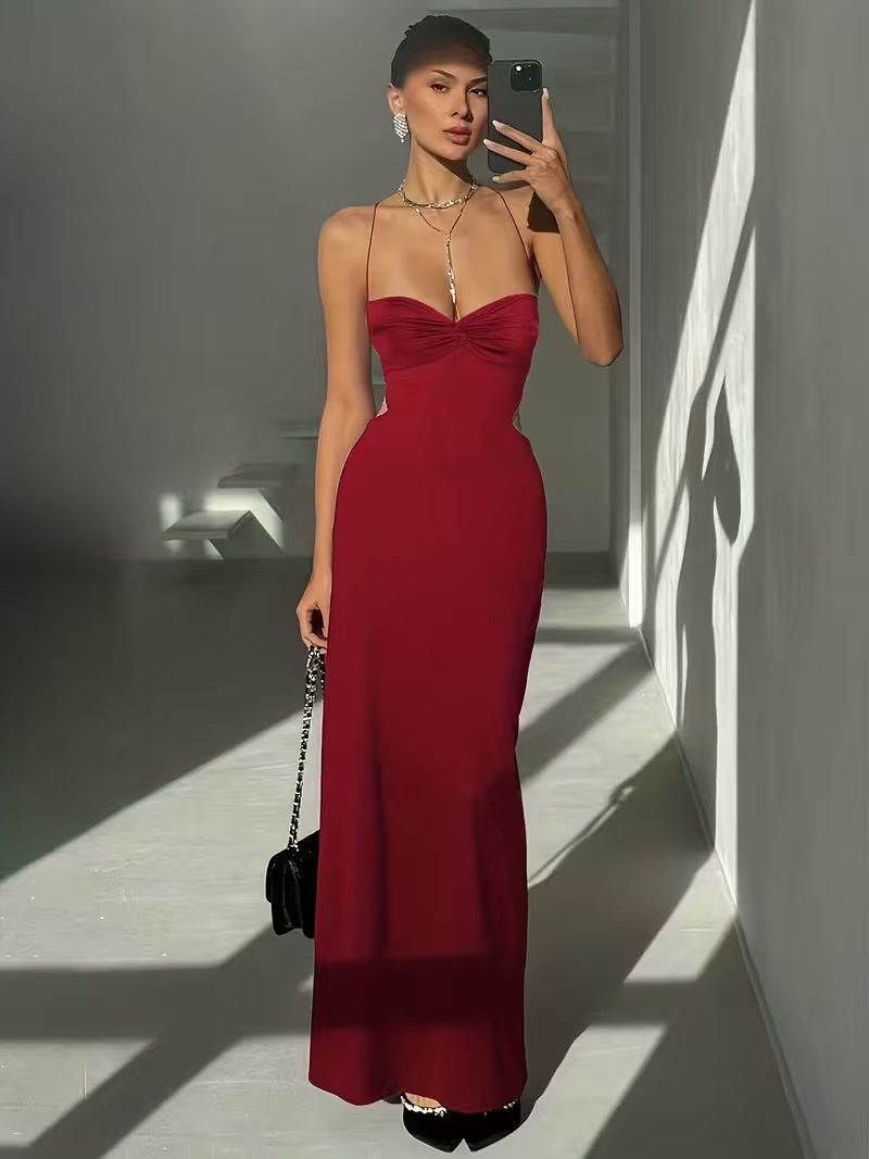 Backless Low-Cut Chic Girl Solid Color Halter Dress Womens New Sexy Slip Dress