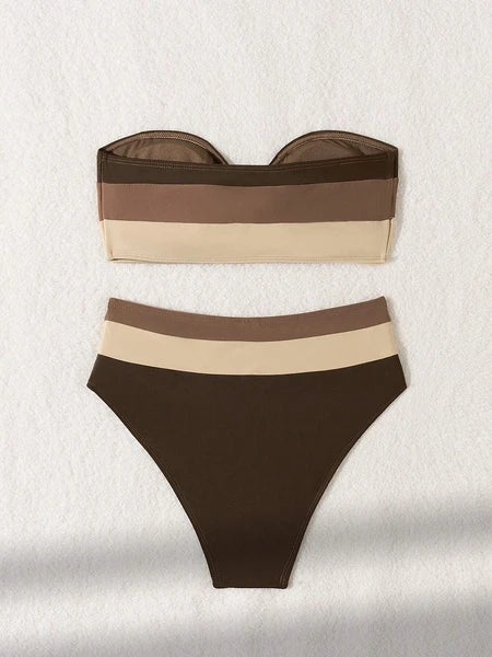 Women's Two-piece Coffee Colored Bikini Swimsuit Strapless Fashion Quick Drying