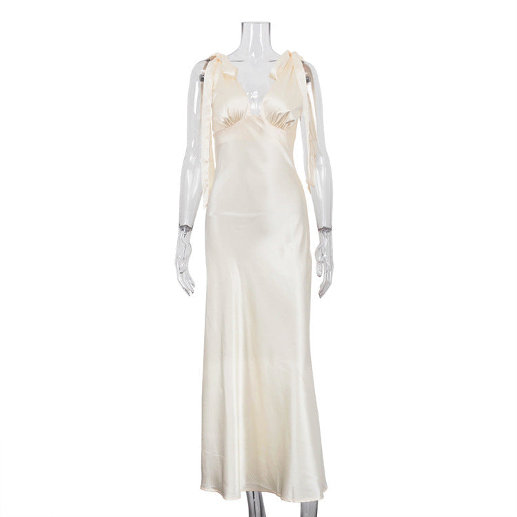 V-neck Sexy Backless Sleeveless Dress With Tie