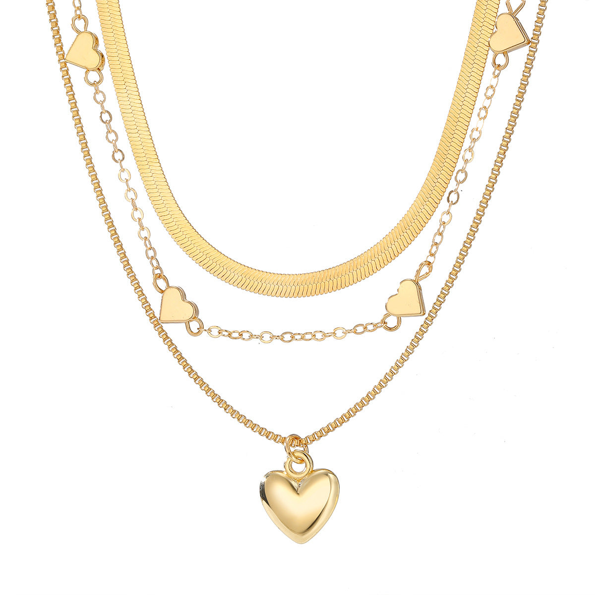 Retro Geometric Heart-Shaped Fashionable Metal Multi-Layer Necklace For Women