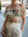 Women's Chiffon Printed Off-Shoulder Ruffle-Trim Top