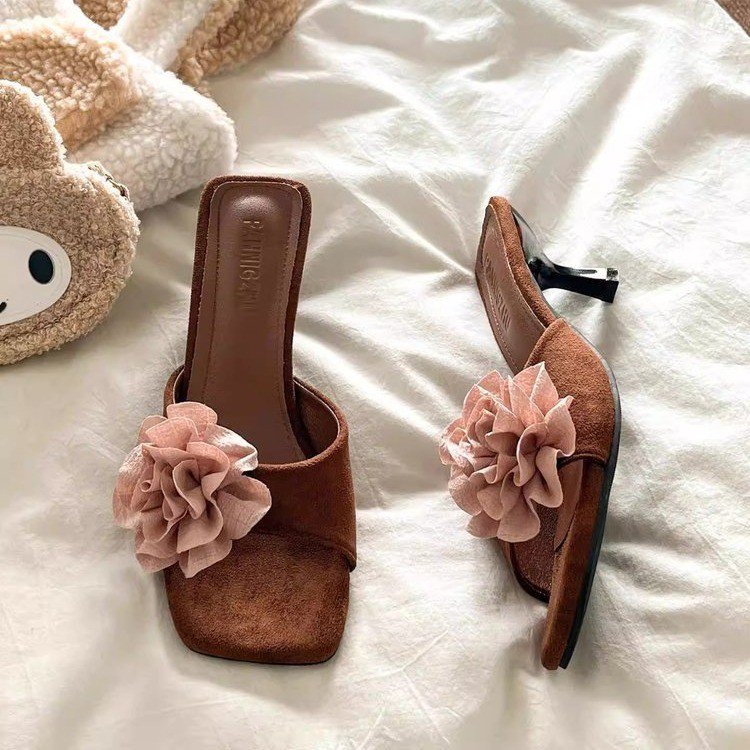 Vintage Floral One-Strap Sandal Slippers For Women, New 2026 Summer Style, French Square Toe, Fashionable Elegant Versatile High Heel Slides