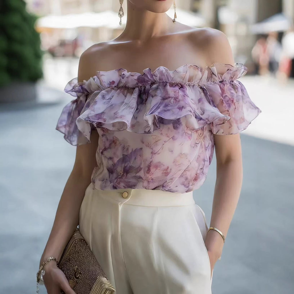 Women's Chiffon Printed Off-Shoulder Ruffle-Trim Top