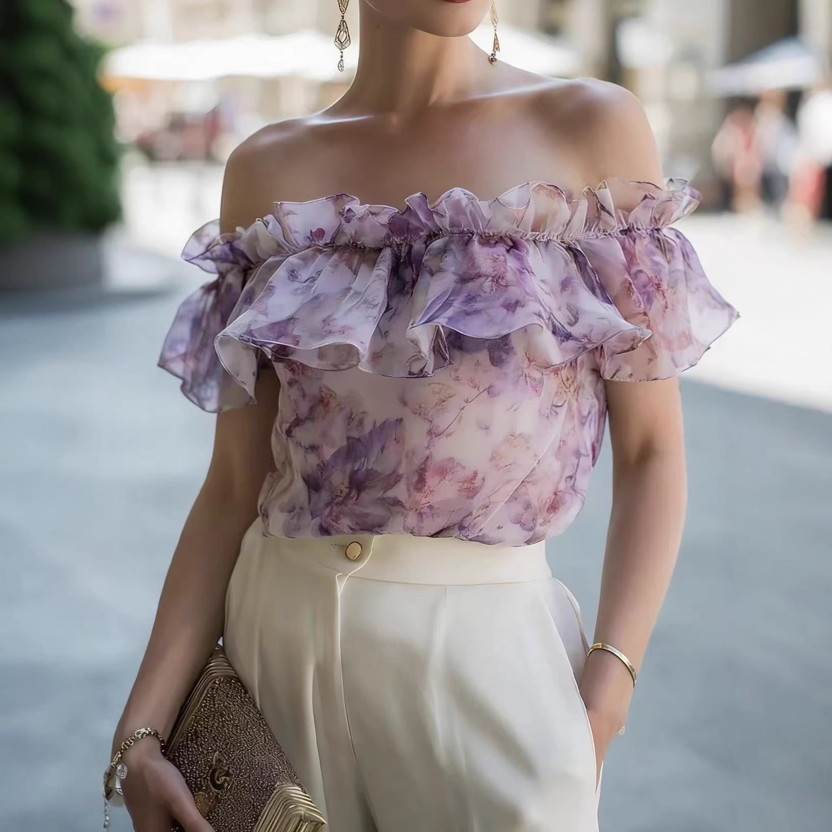 Women's Chiffon Printed Off-Shoulder Ruffle-Trim Top