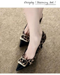 European And American Style Square Buckle Leopard Print Metallic Pointed Toe Stiletto High Heels