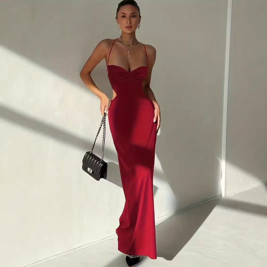 Backless Low-Cut Chic Girl Solid Color Halter Dress Womens New Sexy Slip Dress