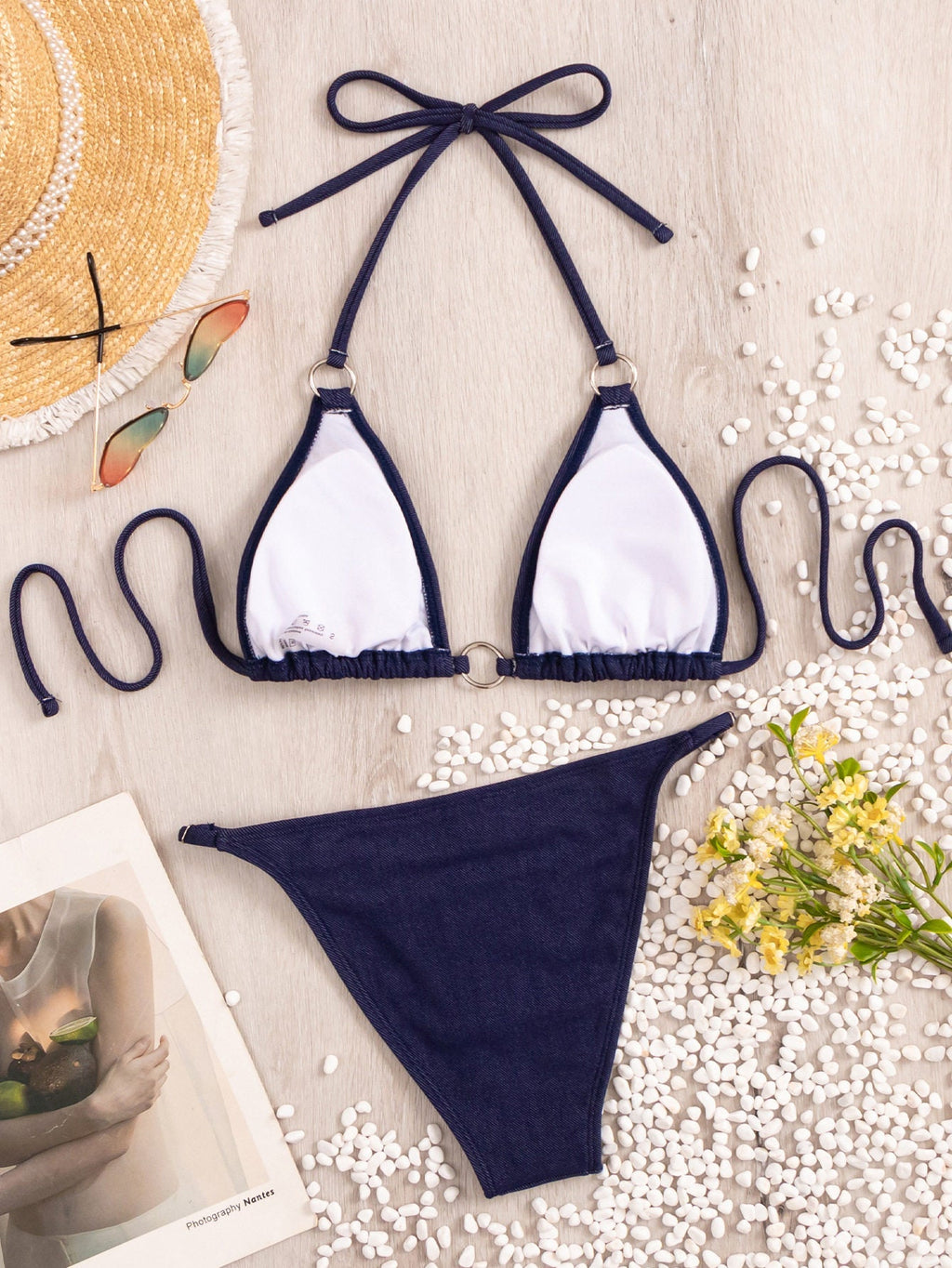Denim Two-Piece Bikini Sexy Solid Color Womens Swimsuit