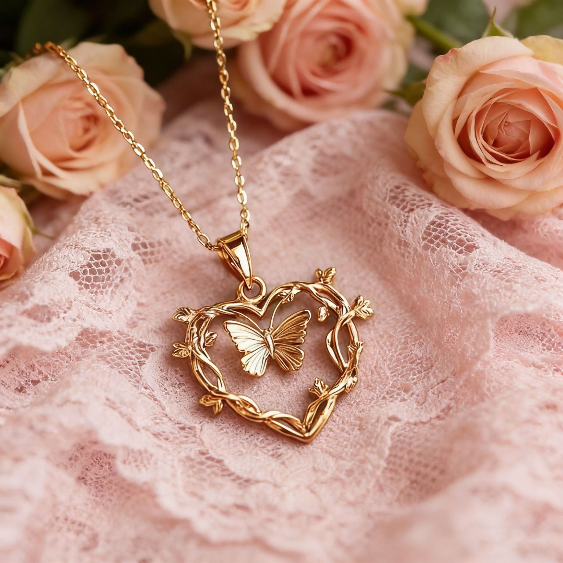 Forest Style Heart Shaped Butterfly Vine Necklace