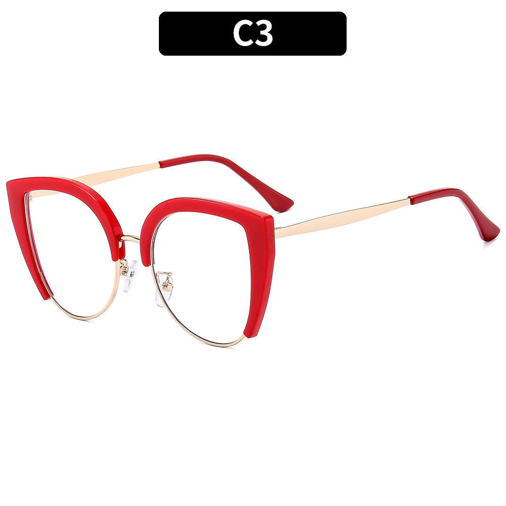 European And American-style Fashion Oversized Half-frame Casual Eyeglasses With Blue-light Protection And A Cat-eye Design