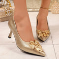 Gold Satin Bow Pointed Toe Stiletto Pumps