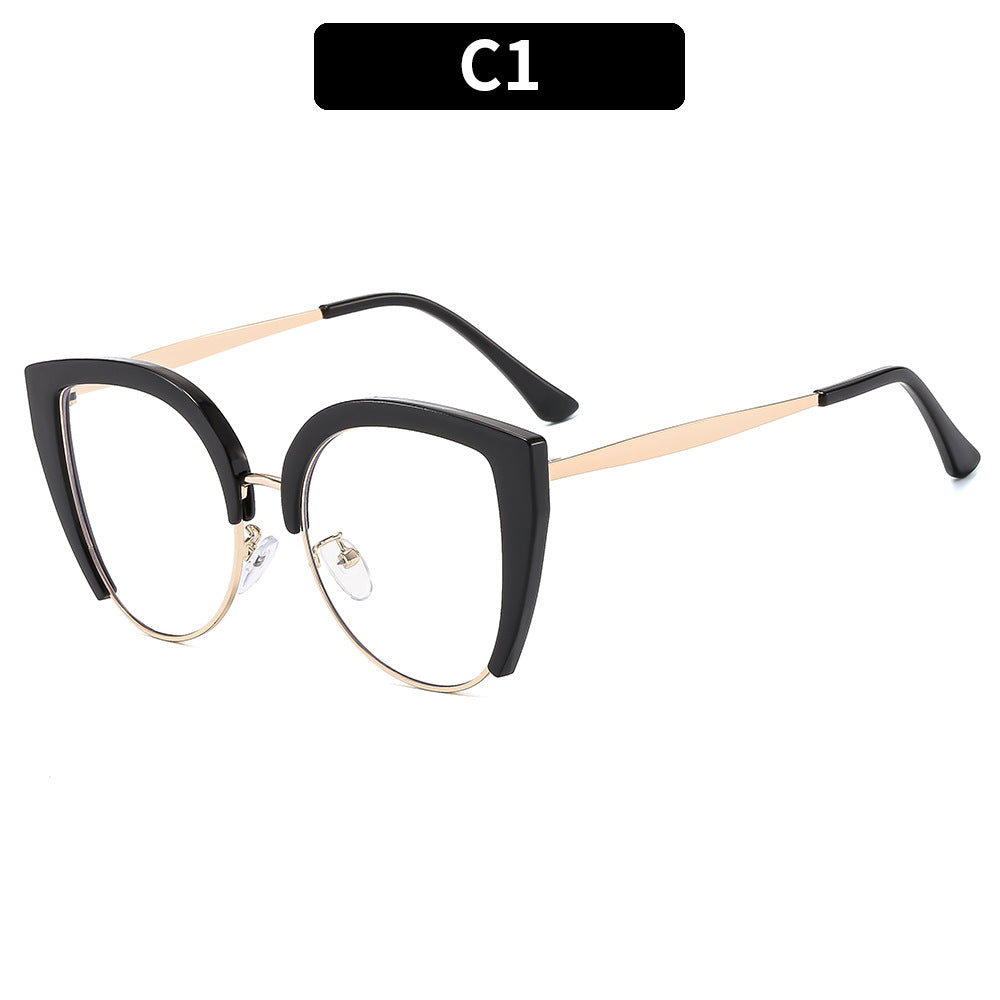 European And American-style Fashion Oversized Half-frame Casual Eyeglasses With Blue-light Protection And A Cat-eye Design