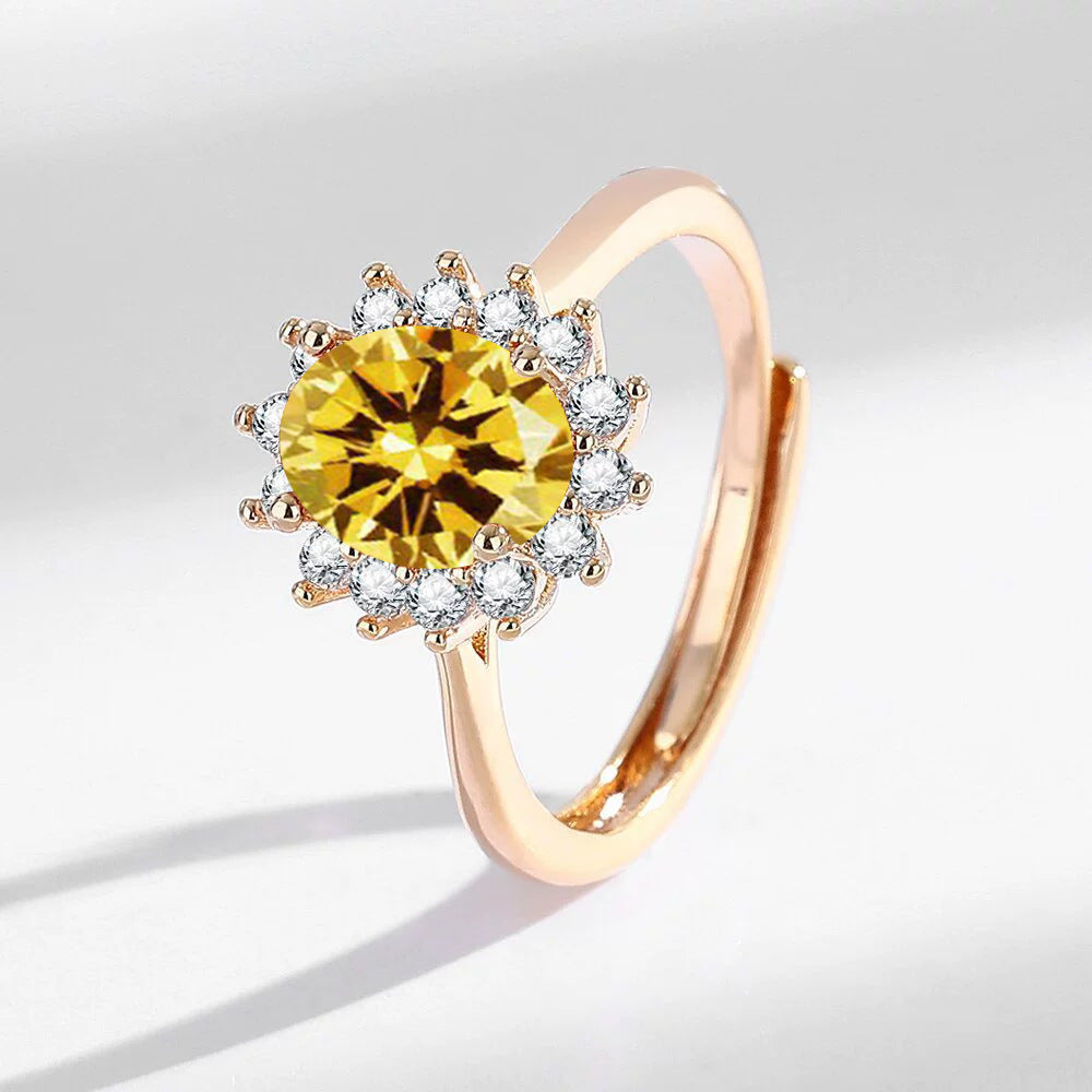 Light Luxury Sunflower Ring Champagne Gold With Colorful Gemstones High-Quality Hand Jewelry