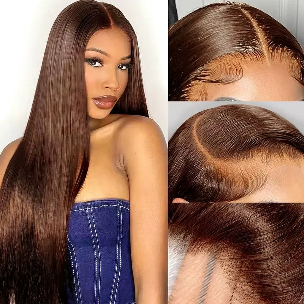 250% Density #4 Dark Brown 13x6 HD Lace Front Bone Straight Human Hair Wigs Chocolate Brown Straight Lace Frontal Wigs For Women