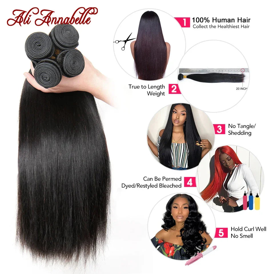 Peruvian Straight Hair Bundles 1/3/4 PCS Straight Human Hair Bundles 10-32inch Long Hair Ali Annabelle Human Hair Extensians