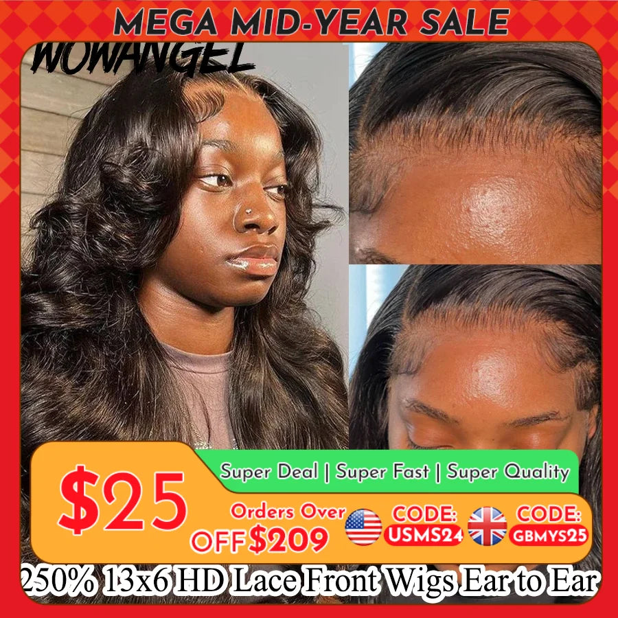 Wow Angel 250% 13x6 HD Lace Front Wig Swiss Lace Melt Skin Pre Plucked Natural Scalp Body Wave Human Hair Wig For Woman Glueless