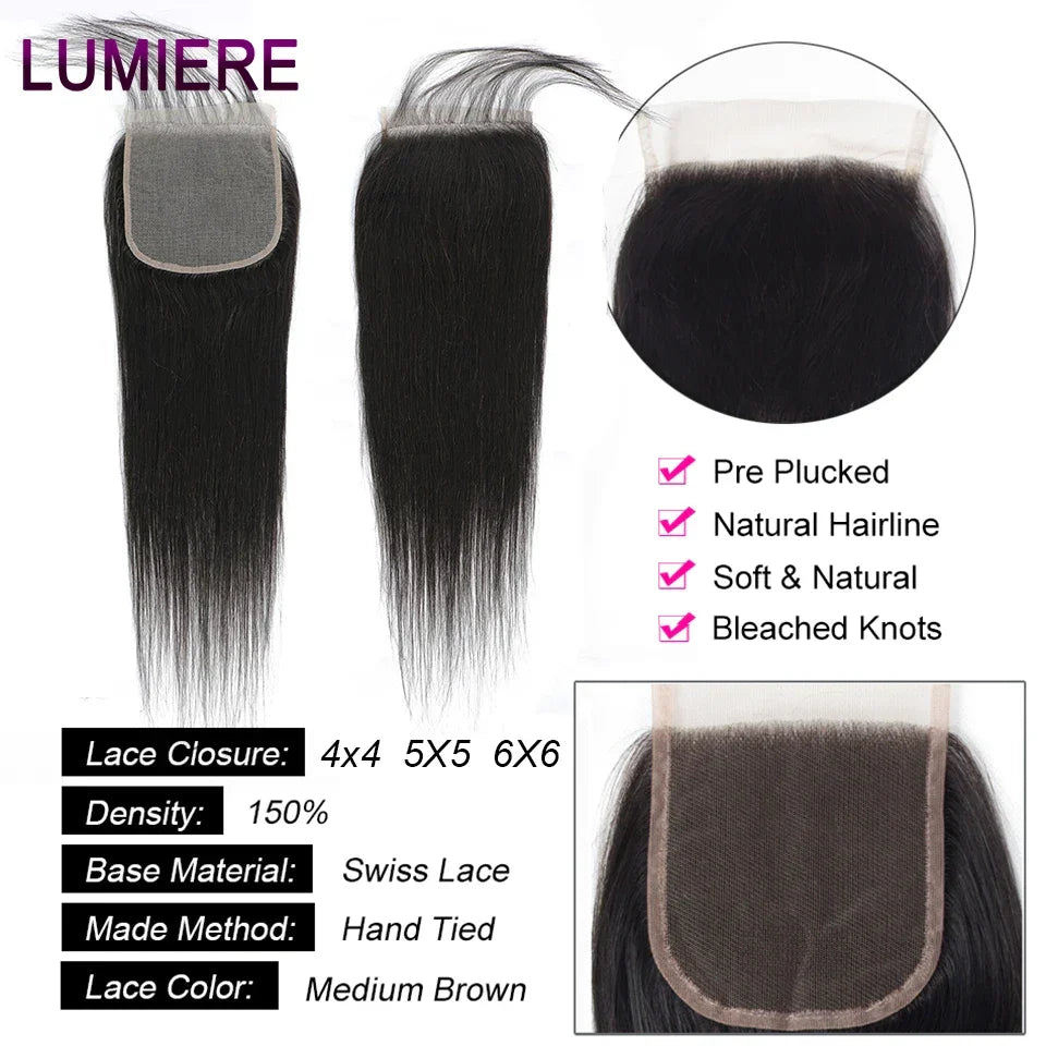 Bone Straight Human Hair Bundles With Closure 6x6/5x5 HD Transparent 100% Raw Virgin Human Hair Weave Extension 2X6 Lace Closure