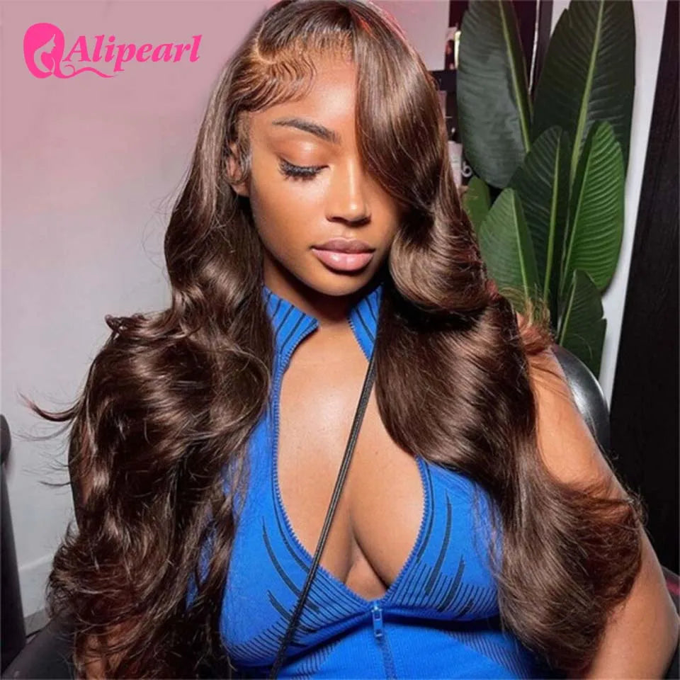 Alipearl #4 Color Body Wave 4x7 Lace Closure Ready Go Glueless Transparent Wig Brown Color Pre cut Lace Pre Pluck Bleach Knots
