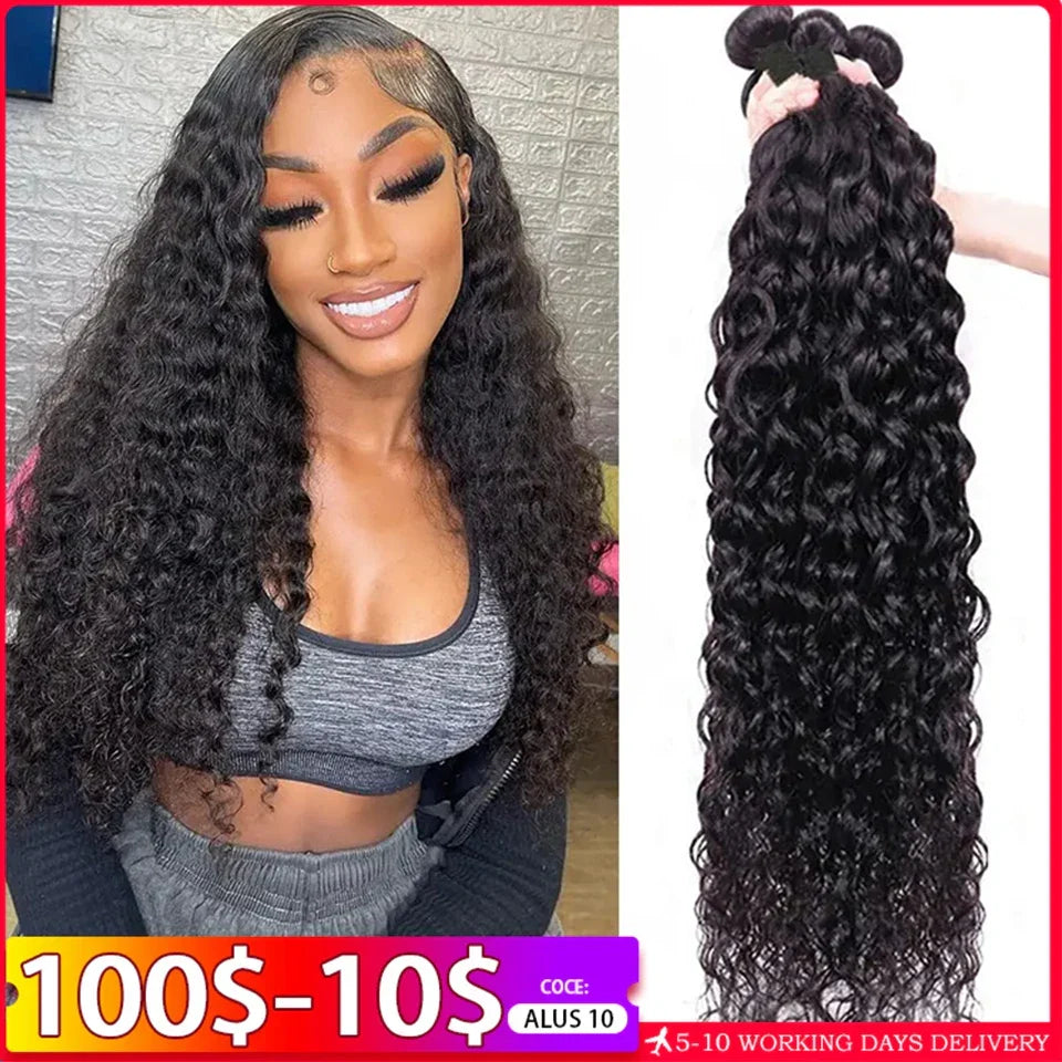 Water Wave Human Hair Bundles Curly Deep Wave 3 Bundles  Brazilian Natural Black Human Hair Remy Hair Human Hair Natural