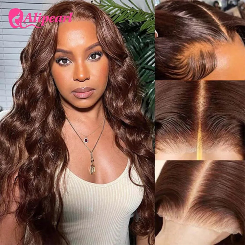 Alipearl #4 Color Body Wave 4x7 Lace Closure Ready Go Glueless Transparent Wig Brown Color Pre cut Lace Pre Pluck Bleach Knots