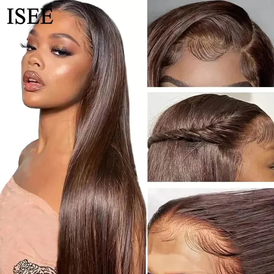 ISEE Hair Wig Colored Lace Front Wigs Malaysian Straight Chocolate Brown Human Hair Reddish Brown Lace Closure Wigs 99j Burgundy