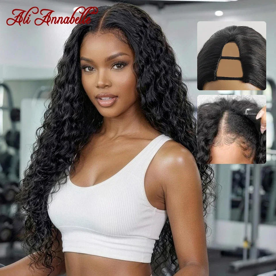 Ali Annabelle Deep Wave V Part Lace Wig Human Hair Wigs For Women Pre Plucked Hairline No Glue Lace Wig Remy Brazilian Hair 180%