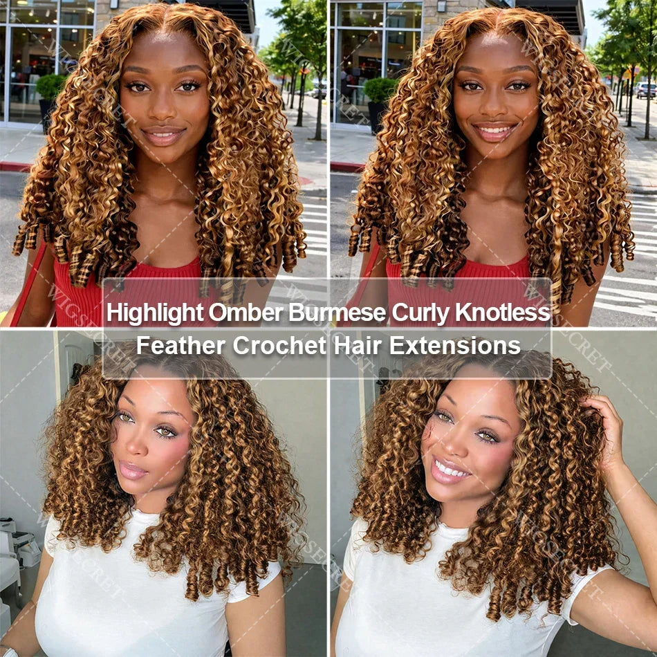Honey Blonde Highlight Burmese Curly Crochet Human Hair For Braids Pre-Separated Knotless Ombre Miracle Knots Feather Human Hair