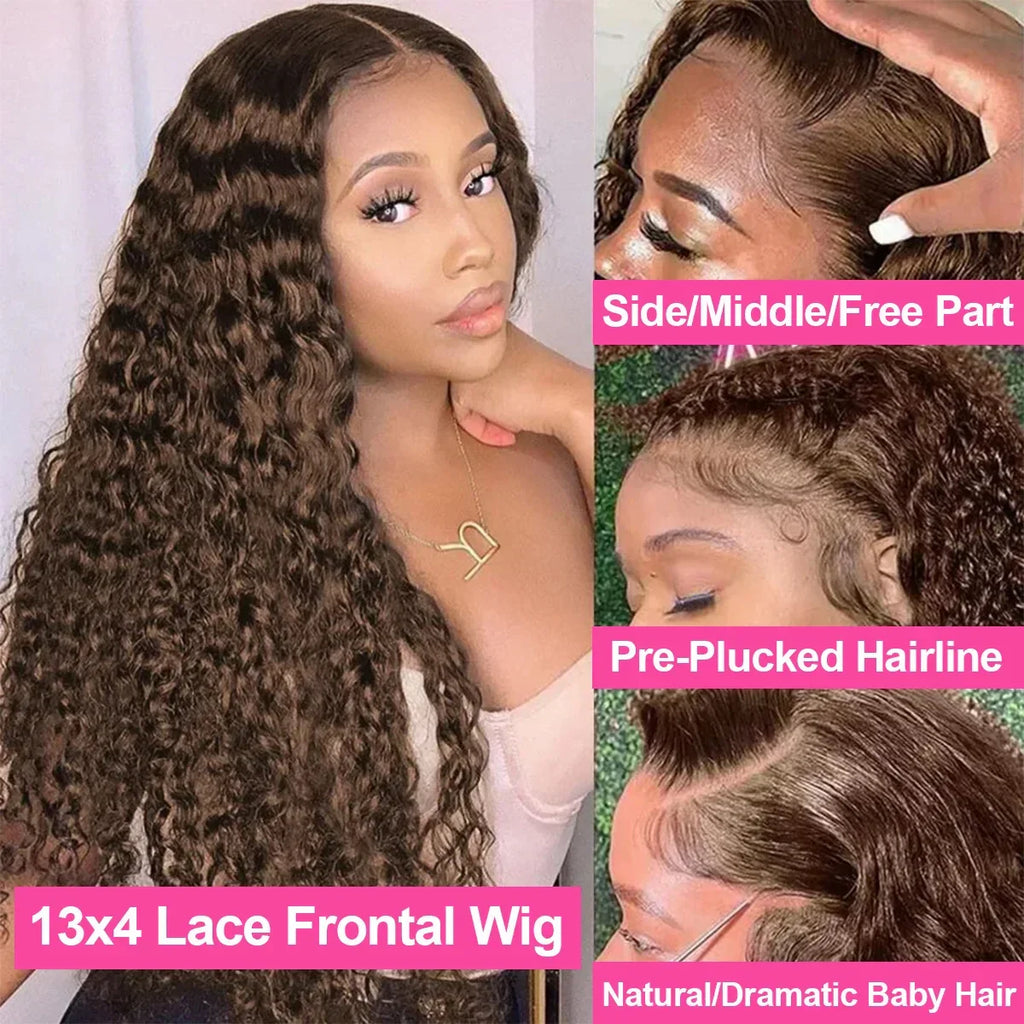 200 Density Chocolate Brown Deep Water Wave Lace Front Human Hair Wig 38Inch 13x4 Hd Lace Frontal Wig For Women 13x6 Curly Wigs
