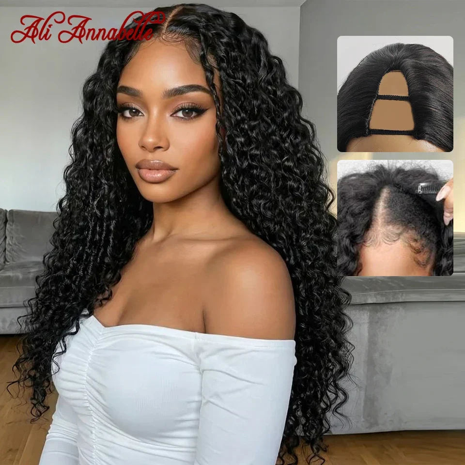 Ali Annabelle Deep Wave V Part Lace Wig Human Hair Wigs For Women Pre Plucked Hairline No Glue Lace Wig Remy Brazilian Hair 180%