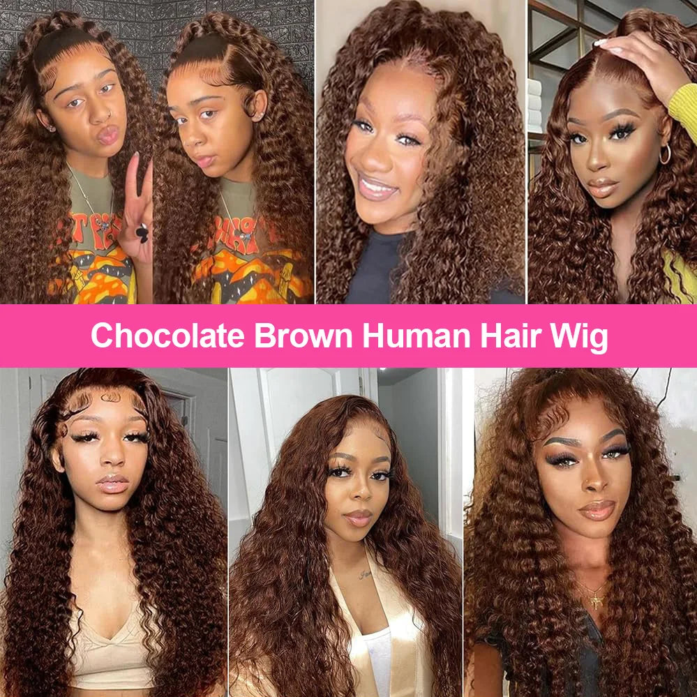 200 Density Chocolate Brown Deep Water Wave Lace Front Human Hair Wig 38Inch 13x4 Hd Lace Frontal Wig For Women 13x6 Curly Wigs
