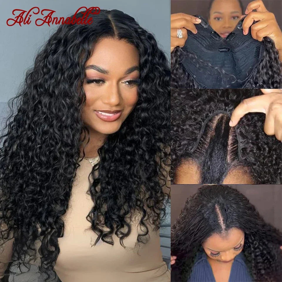 Ali Annabelle Deep Wave V Part Lace Wig Human Hair Wigs For Women Pre Plucked Hairline No Glue Lace Wig Remy Brazilian Hair 180%
