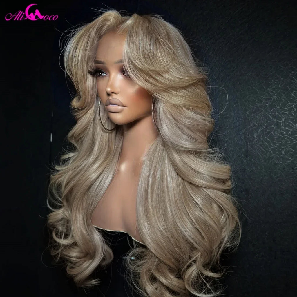 13x6 Ash Blonde Wigs Human Hair 180% Density Body Wave Lace Front Wigs Milk Tea Blonde Colored Human Hair Wigs for Women