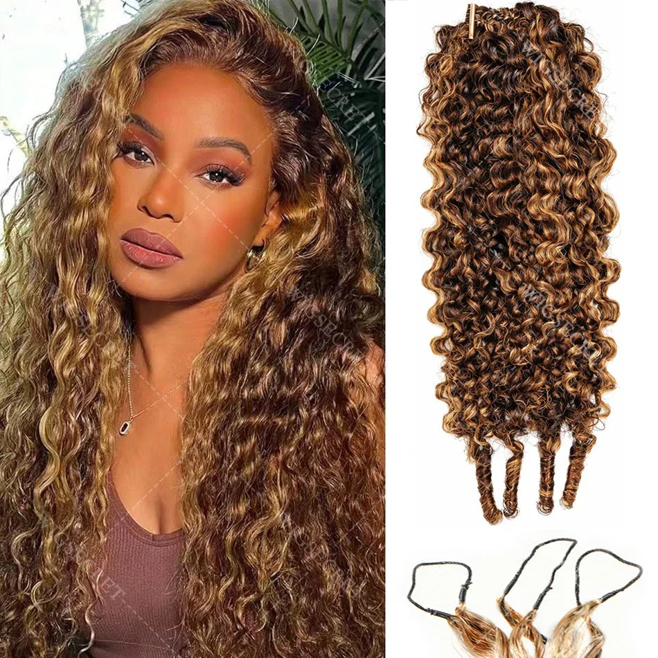 Honey Blonde Highlight Burmese Curly Crochet Human Hair For Braids Pre-Separated Knotless Ombre Miracle Knots Feather Human Hair