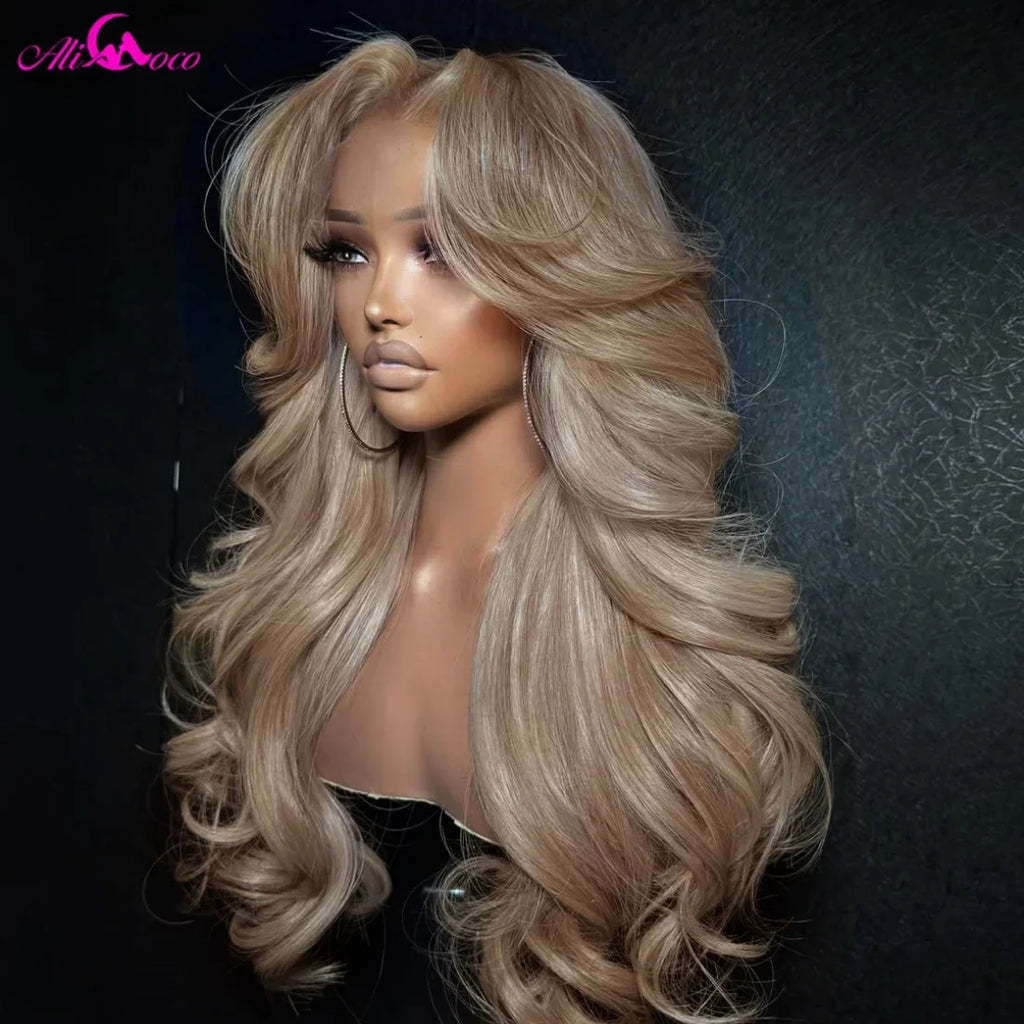13x6 Ash Blonde Wigs Human Hair 180% Density Body Wave Lace Front Wigs Milk Tea Blonde Colored Human Hair Wigs for Women