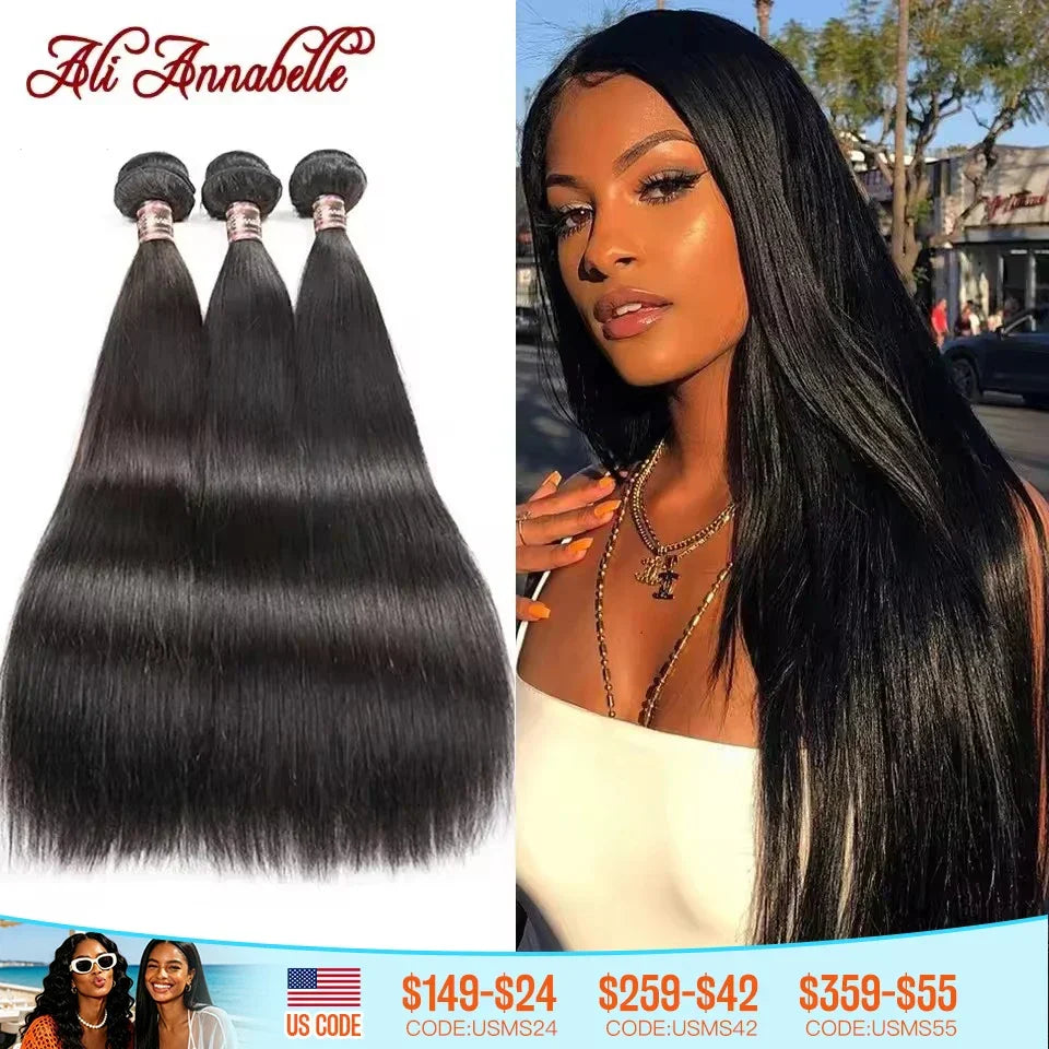 Peruvian Straight Hair Bundles 1/3/4 PCS Straight Human Hair Bundles 10-32inch Long Hair Ali Annabelle Human Hair Extensians
