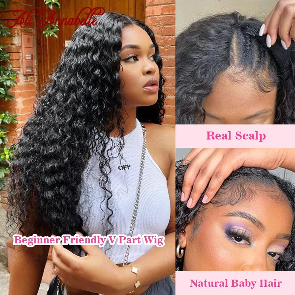 Ali Annabelle Deep Wave V Part Lace Wig Human Hair Wigs For Women Pre Plucked Hairline No Glue Lace Wig Remy Brazilian Hair 180%