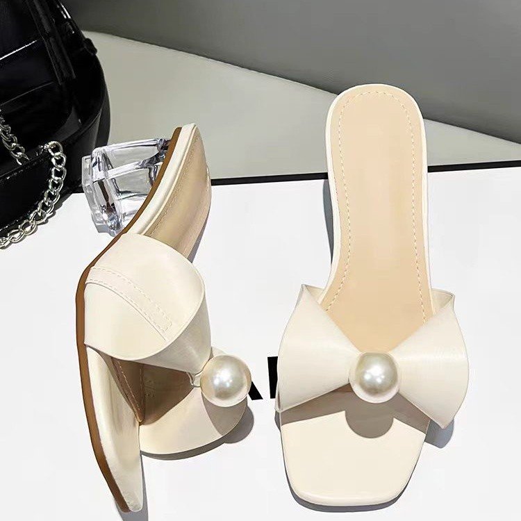 Thick Heeled Square Toe Women's Shoes, Bow Pearl Slippers, One Line Cool Slippers, Fashionable High Heels