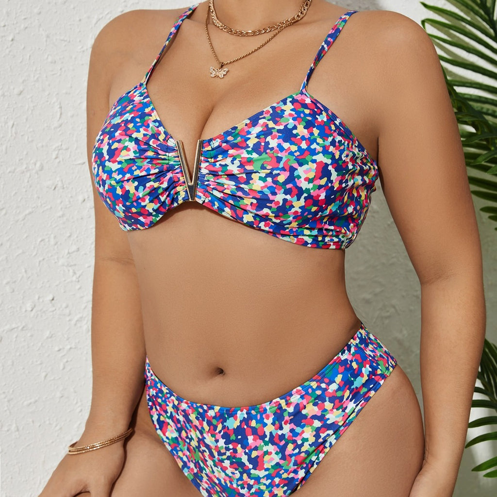 Printed Metallic U-Shaped Two-Piece Bikini Set