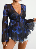 V Neck Mesh Tie Dye Resort Style Womens Top