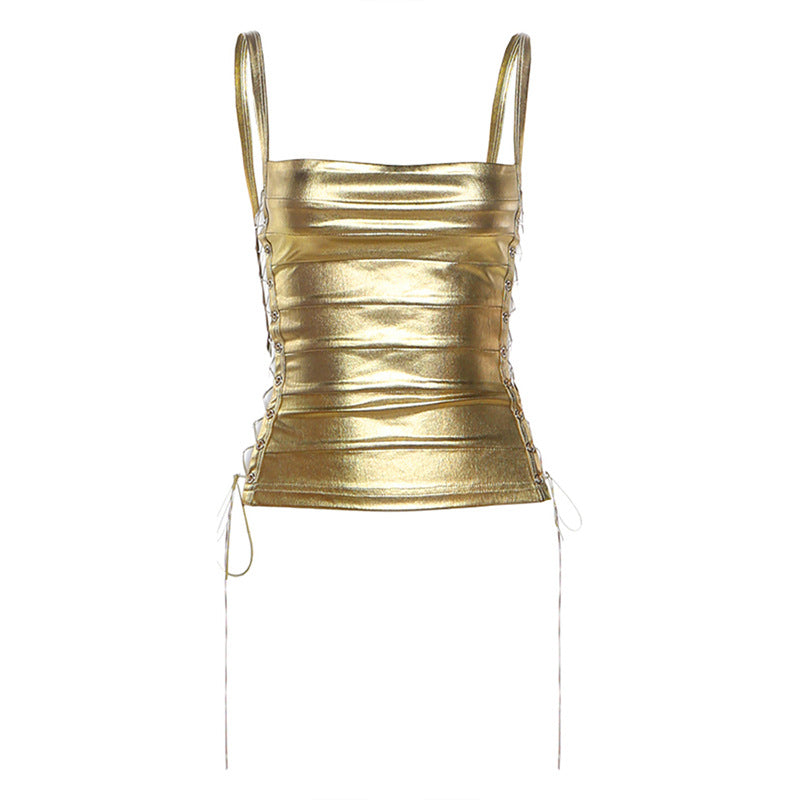 Neck Hanging Backless Gold Hugging Sexy Tank Top