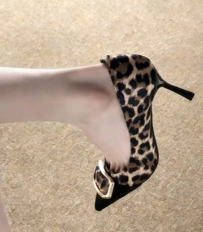 European And American Style Square Buckle Leopard Print Metallic Pointed Toe Stiletto High Heels