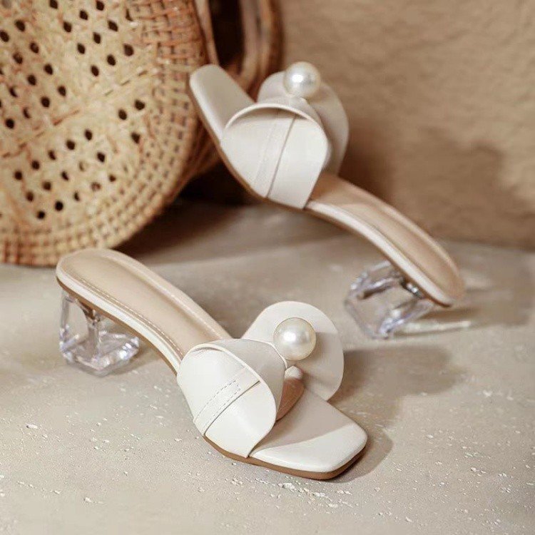 Thick Heeled Square Toe Women's Shoes, Bow Pearl Slippers, One Line Cool Slippers, Fashionable High Heels
