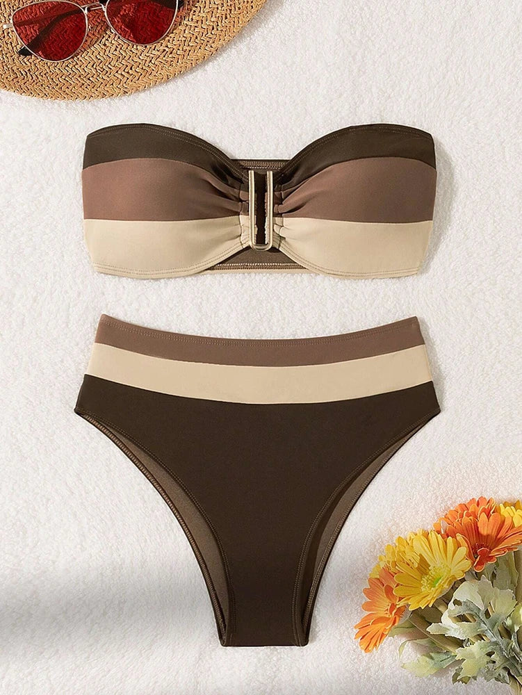 Women's Two-piece Coffee Colored Bikini Swimsuit Strapless Fashion Quick Drying