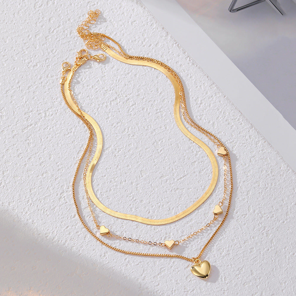 Retro Geometric Heart-Shaped Fashionable Metal Multi-Layer Necklace For Women