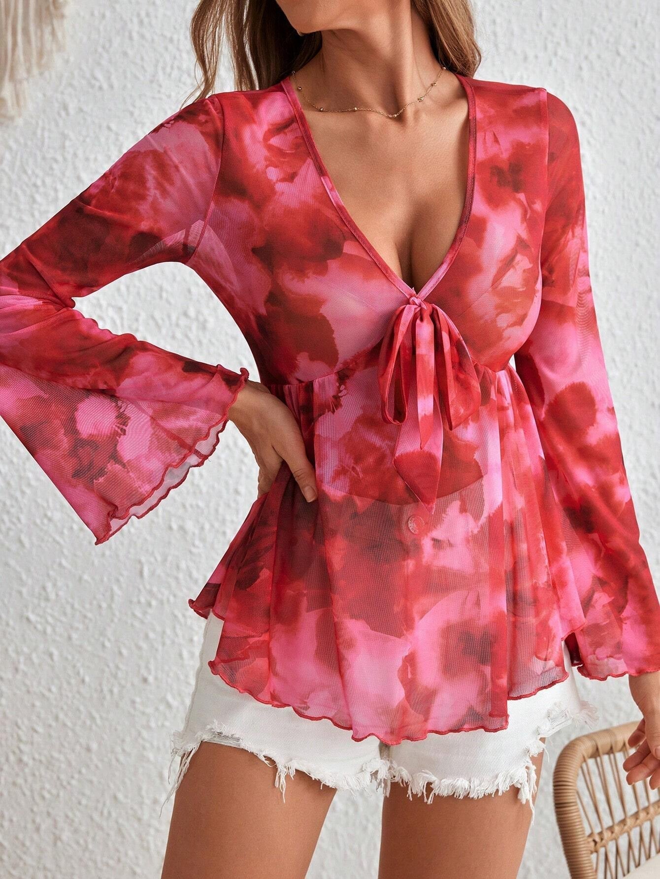 V Neck Mesh Tie Dye Resort Style Womens Top