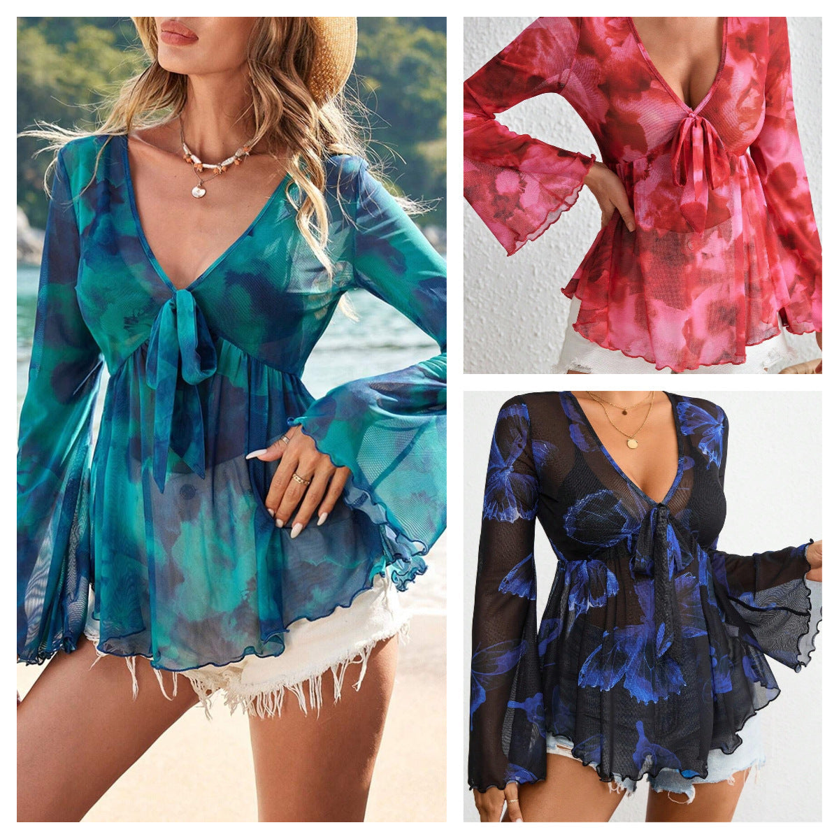 V Neck Mesh Tie Dye Resort Style Womens Top