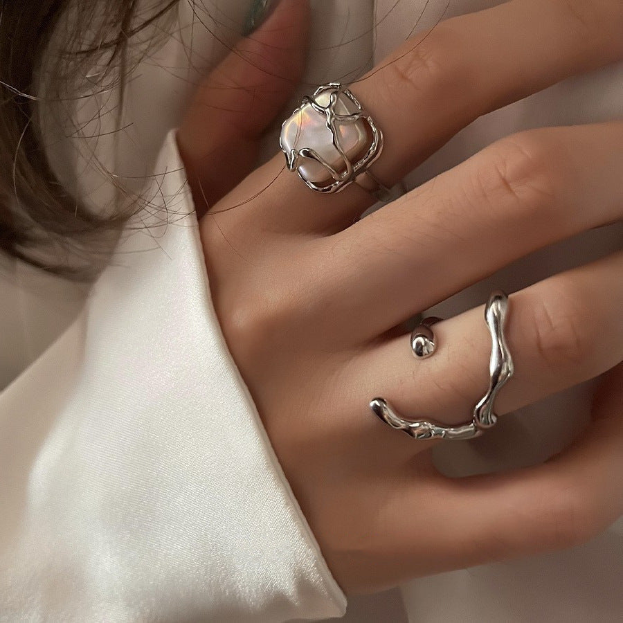 Personalized C-Shaped Water Drop Texture Open Ring For Women, Retro Hip-Hop Fashion Trendy Index Finger Ring