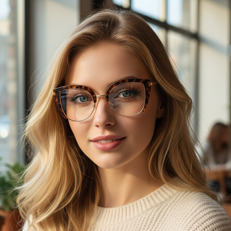 European And American-style Fashion Oversized Half-frame Casual Eyeglasses With Blue-light Protection And A Cat-eye Design
