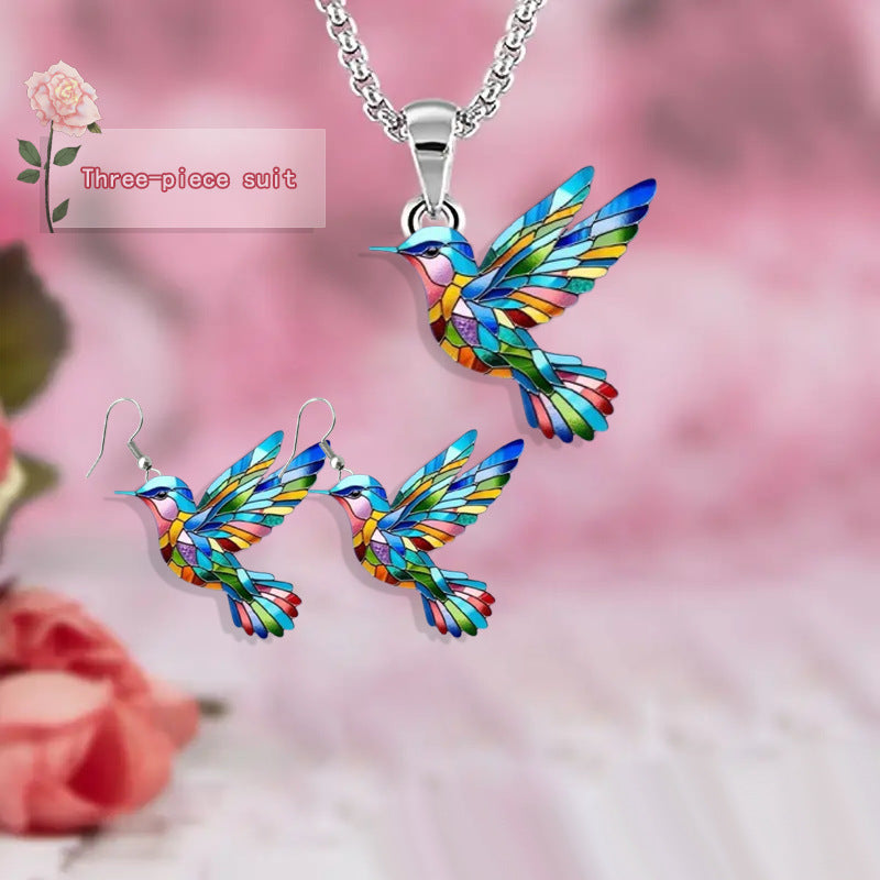 Hummingbird Earrings And Necklace Three-Piece Set