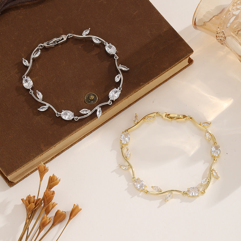 Light Luxury Rattan Leaf Zircon Bracelet For Women